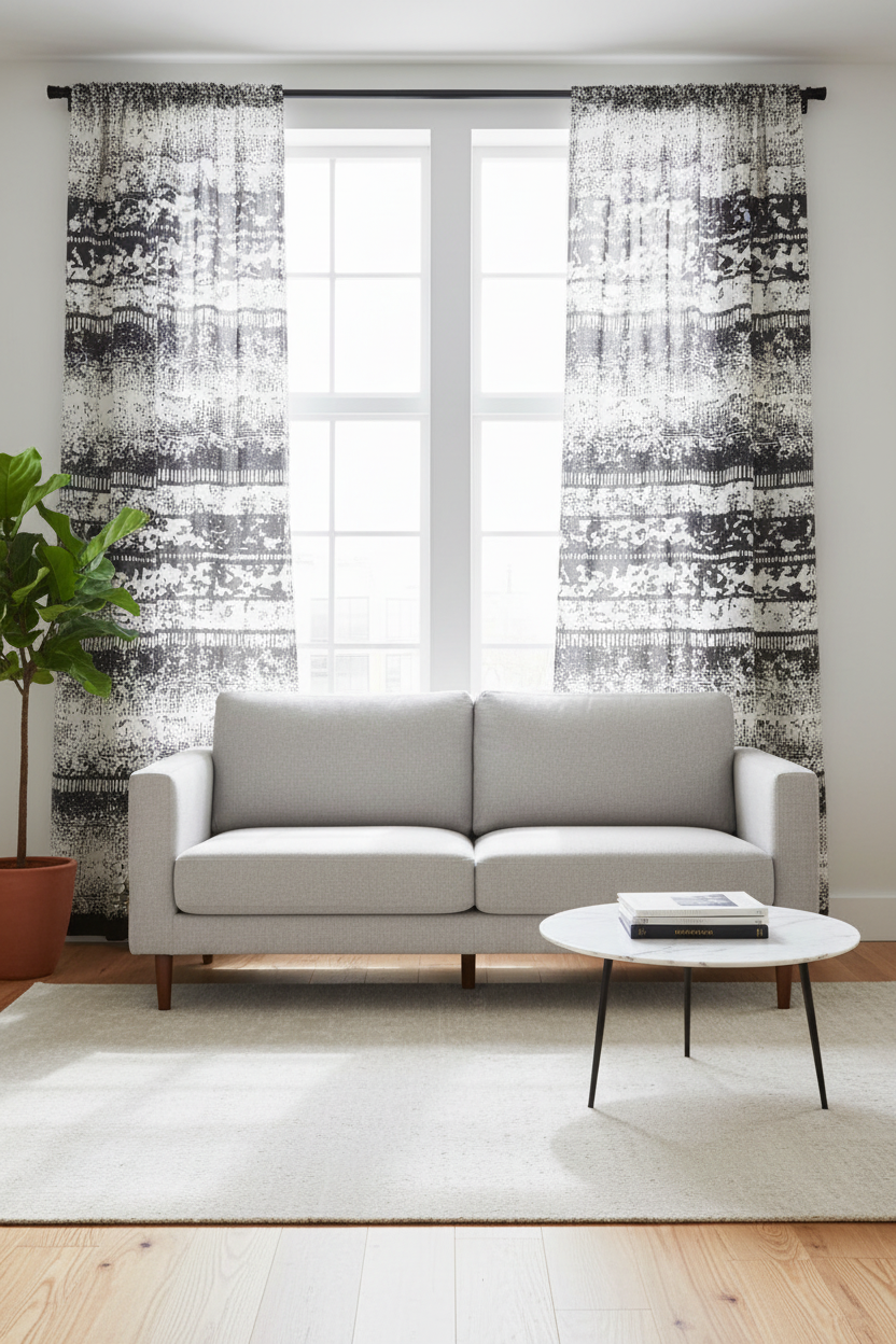 Curtains and window drapes made from black and white tribal Ankara fabric