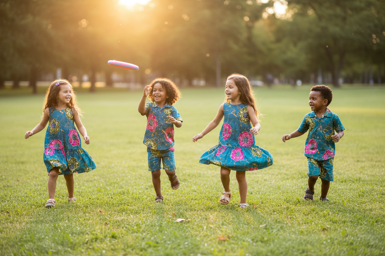 Children playing outdoors in summer outfits made from teal floral magenta and olive peony Kitenge fabric