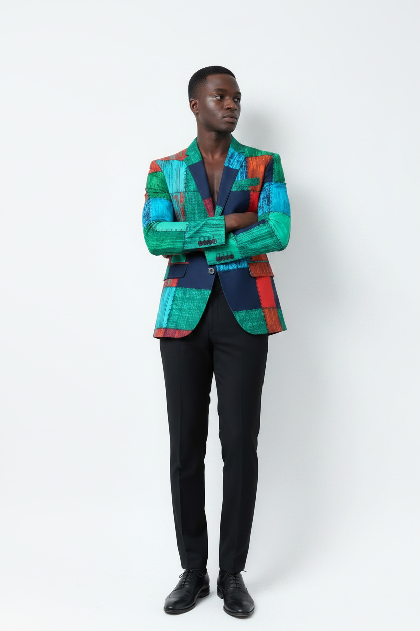Male model in Ankara blazer, arms folded confident pose