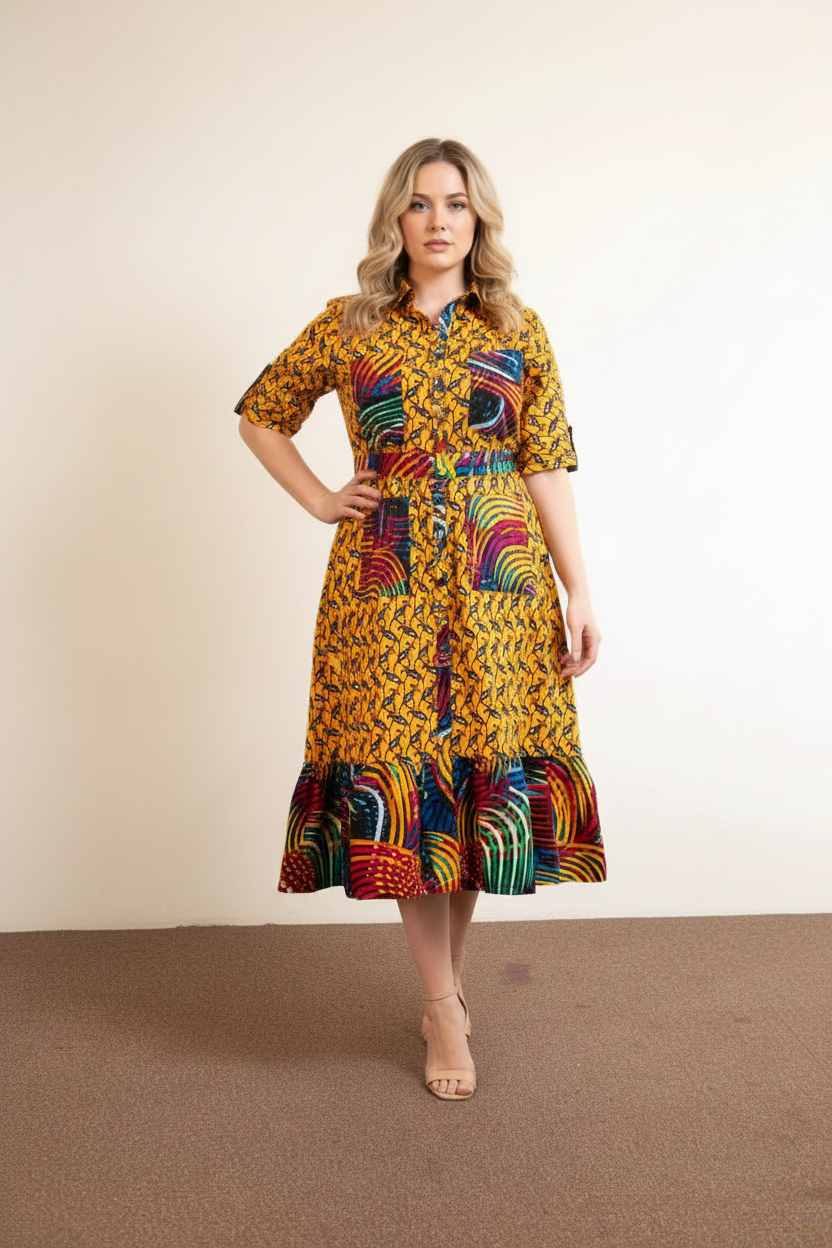 Yellow Multicolour Ankara Shirt Dress - white model, white background, front facing pose