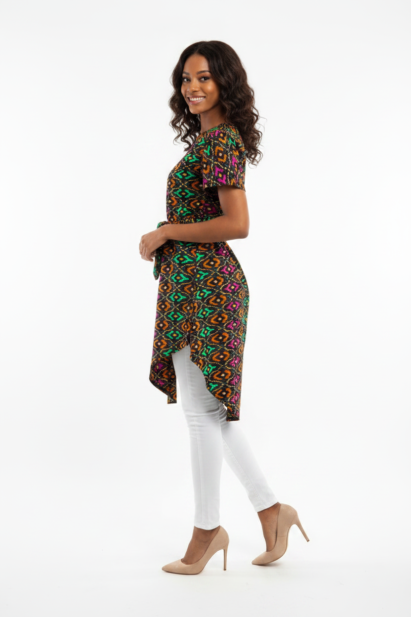 Geometric Print Asymmetric Tunic Top - three quarter turn pose