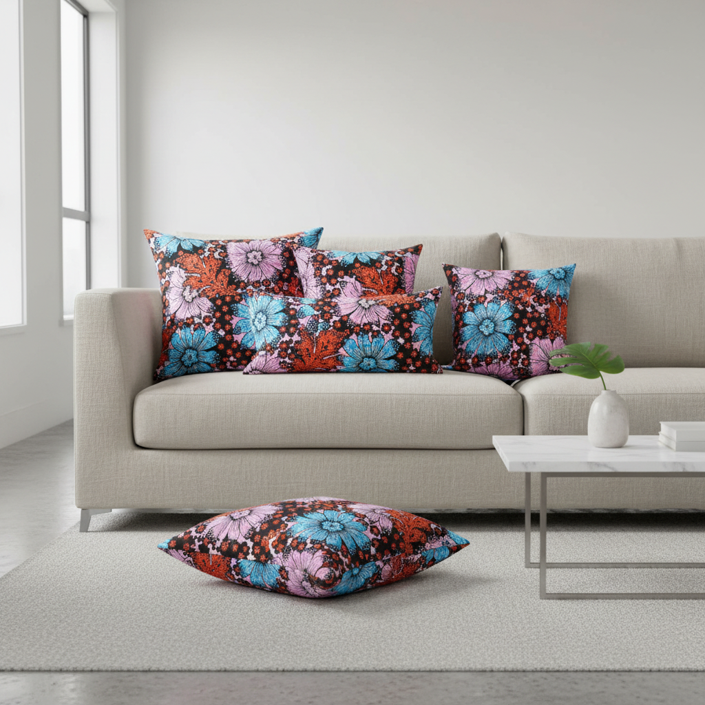 Decorative throw pillows made from multicolour polycotton Ankara fabric