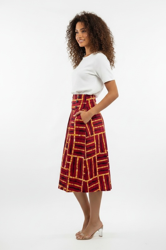 High Waist A-Line Midi Skirt - side profile pose showing A-line shape