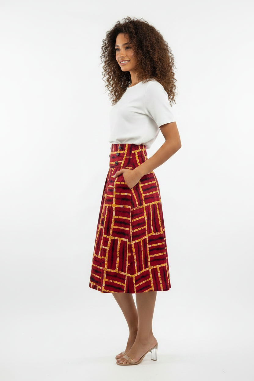 High Waist A-Line Midi Skirt - side profile pose showing A-line shape