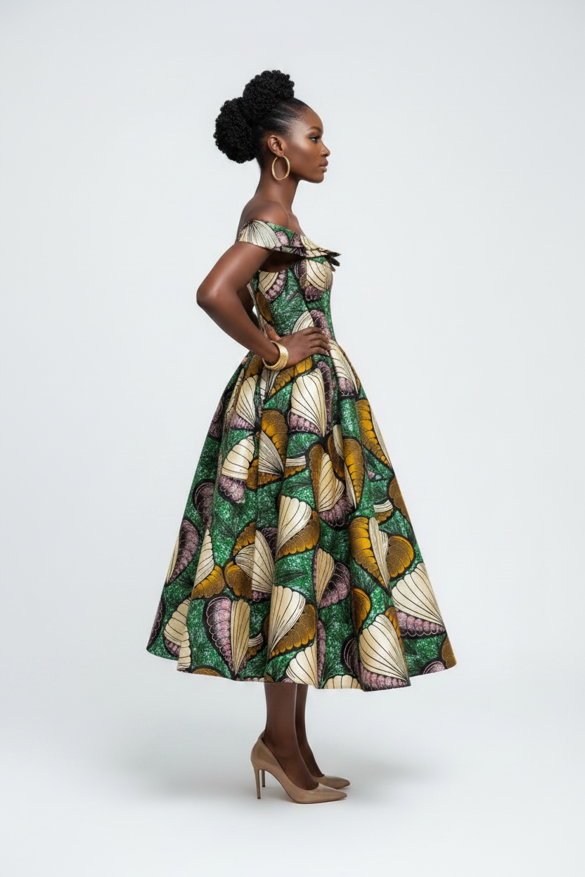 Woman in side profile pose wearing Vlisco Dutch Wax shell print off-shoulder midi dress on white background