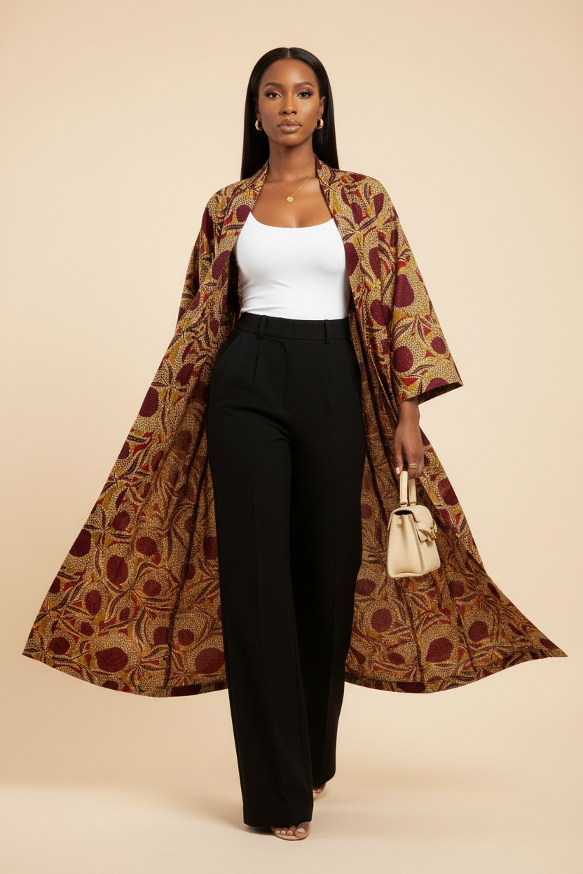Ankara Floral Kimono Duster - mixed race model walking forward power pose