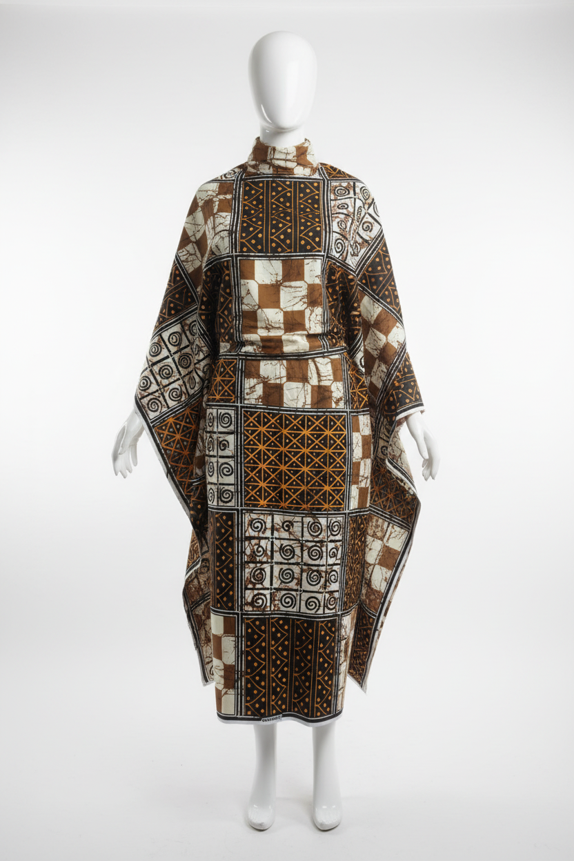 Brown and gold Ankara wax print fabric draped on mannequin