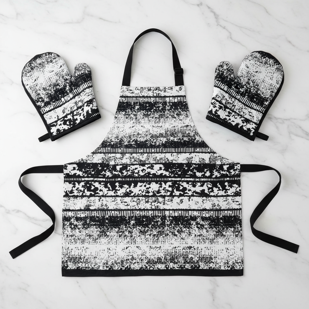 Kitchen apron and oven mitts made from black and white tribal Ankara fabric