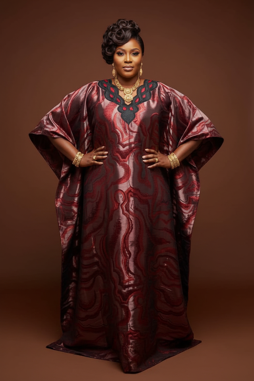 Red Burgundy Black Metallic Maxi Bubu Dress - batwing sleeves lookbook