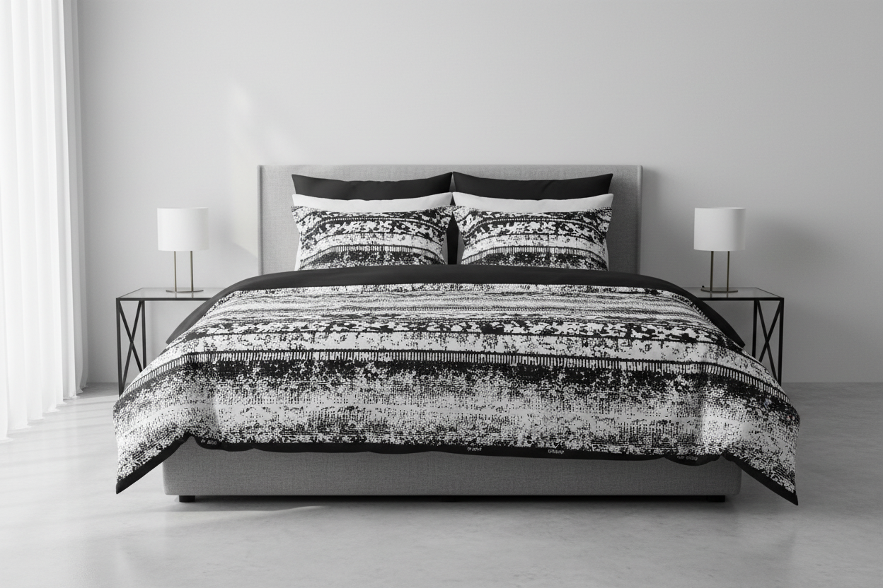 Luxury duvet and bedding set made from black and white tribal Ankara fabric