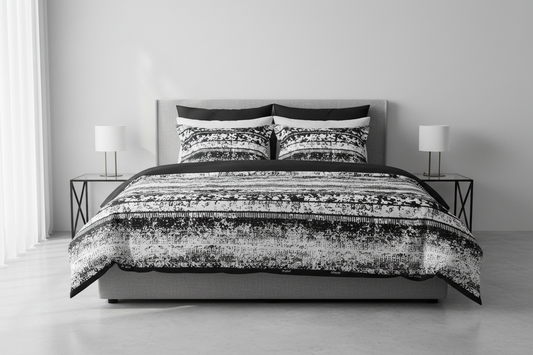 Luxury duvet and bedding set made from black and white tribal Ankara fabric
