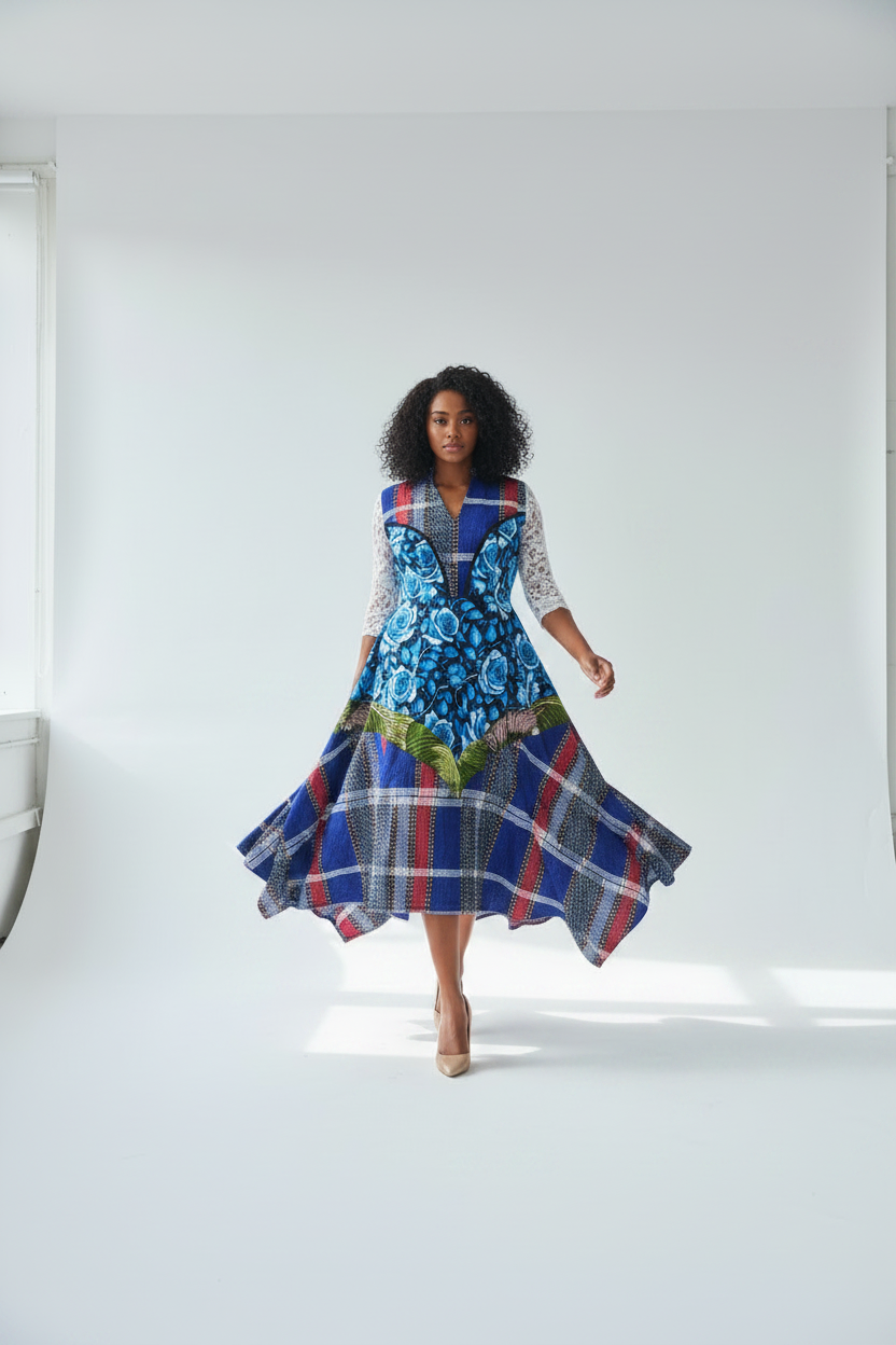 Ankara Blue Rose Asymmetric Midi Dress on UK size 16 model