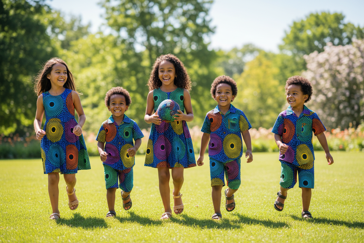Children wearing multicolour sunburst Ankara Kitenge summer outfits playing outdoors