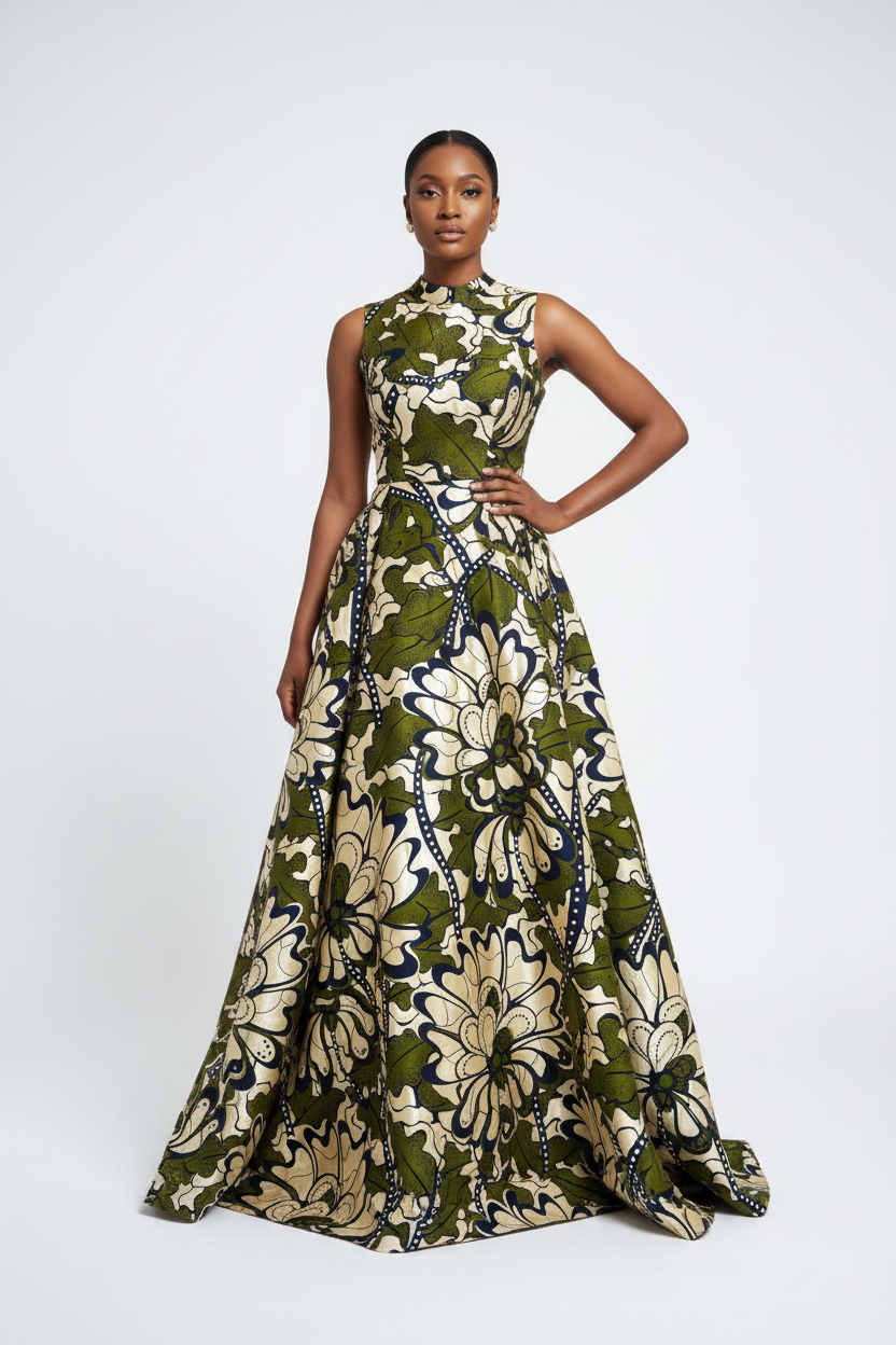 Woman in elegant olive green botanical Ankara maxi dress, front facing pose on white background