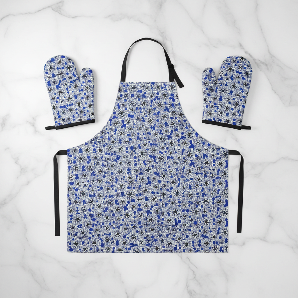 Kitchen apron and oven mitts made from white and blue polycotton Ankara fabric