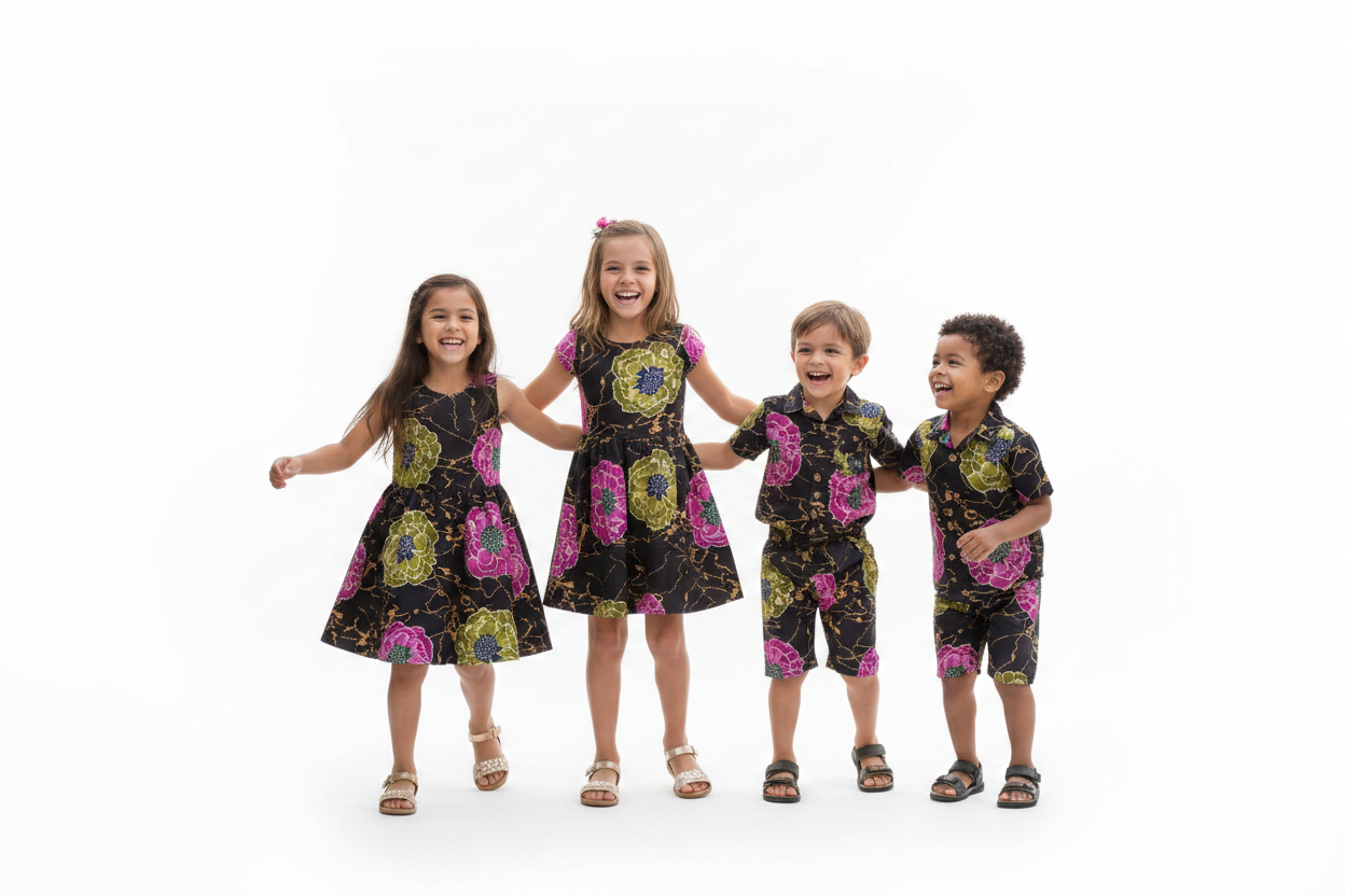 Children in group pose wearing black floral magenta and olive peony Kitenge summer outfits on white background