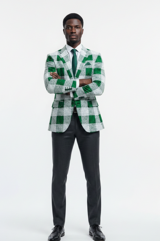 Male model in Ankara green check blazer, individual corporate pose