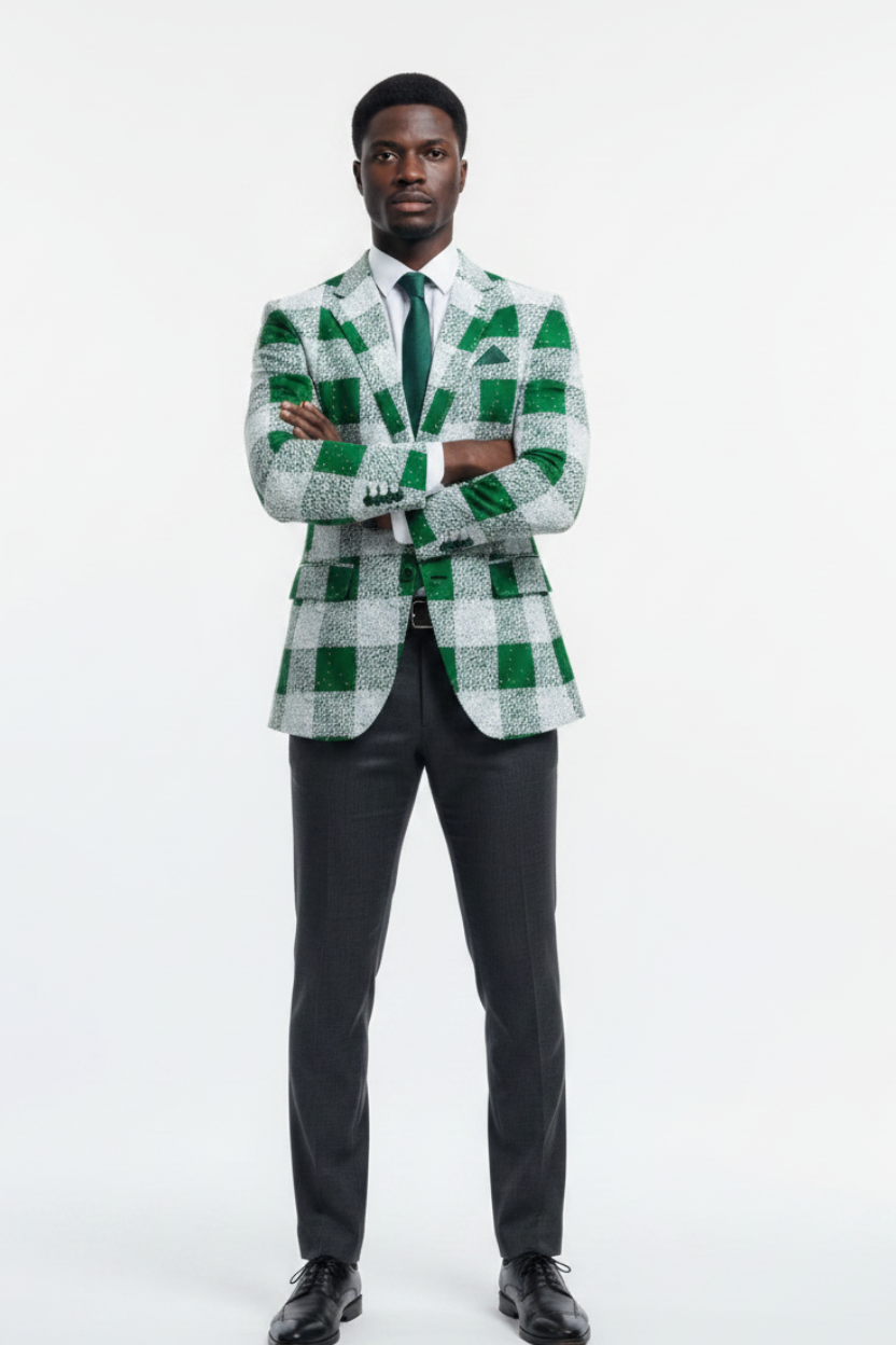 Male model in Ankara green check blazer, individual corporate pose