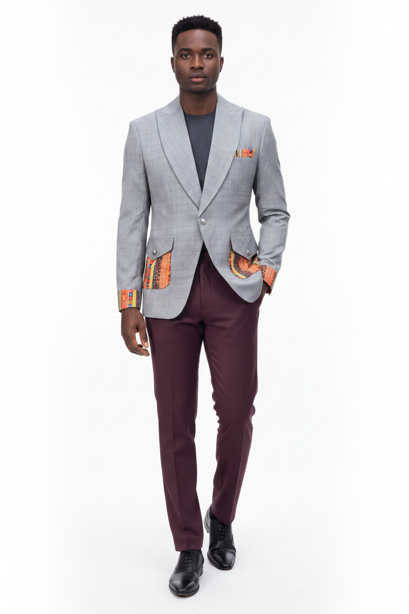 Men's Grey Ankara Jacket on Dark Male Model