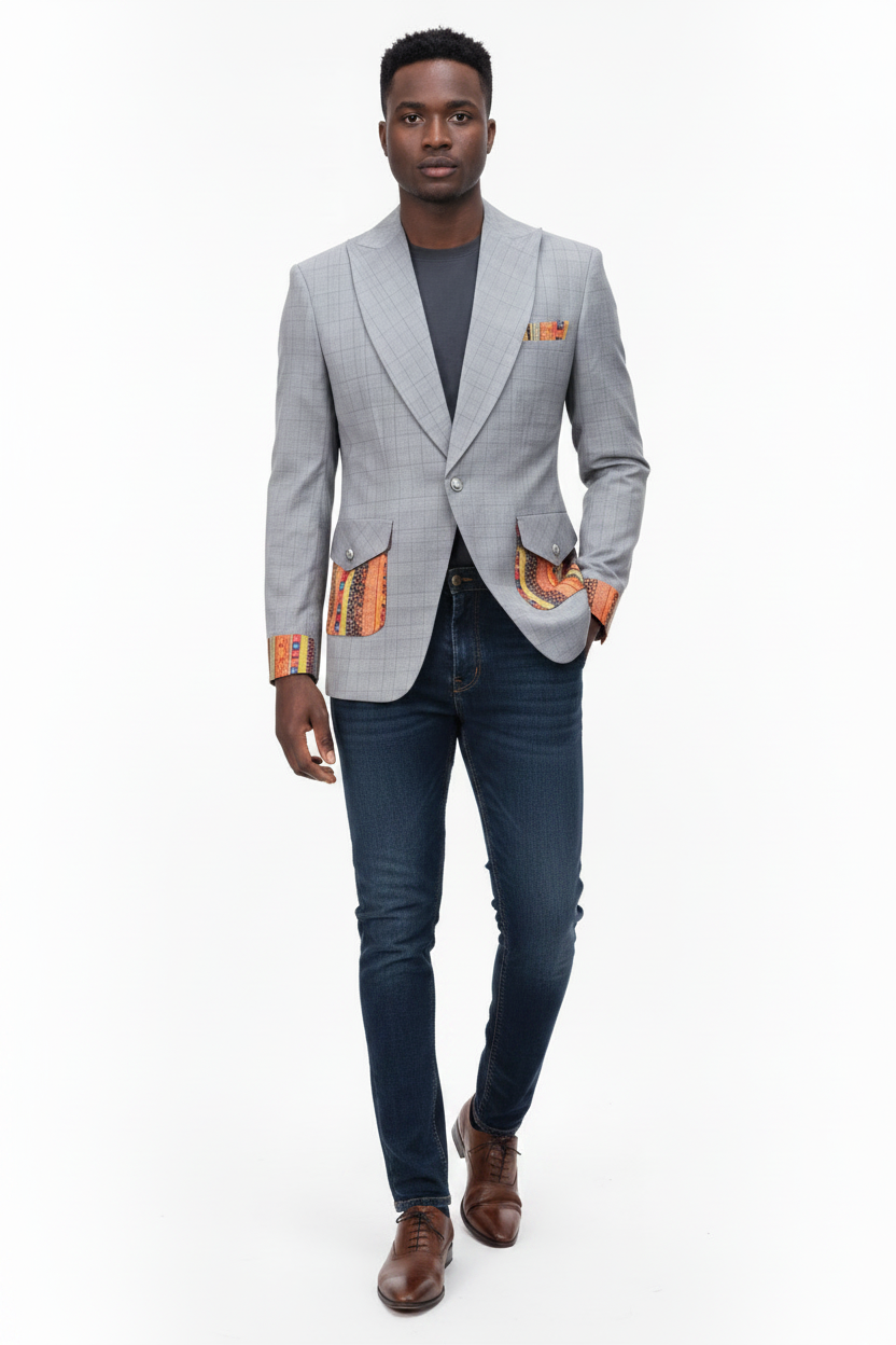 Men's Grey Ankara Jacket with Dark Blue Jeans