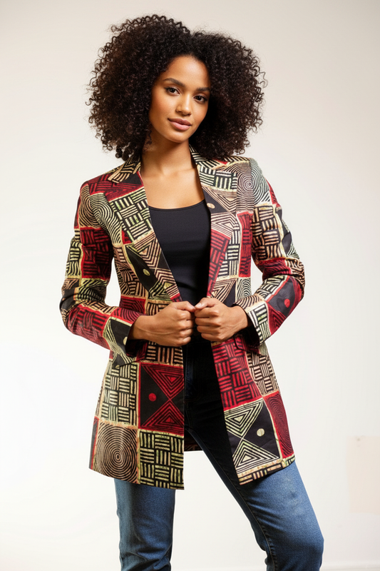 Mixed-Race Female Model - Black & Red Ankara Blazer