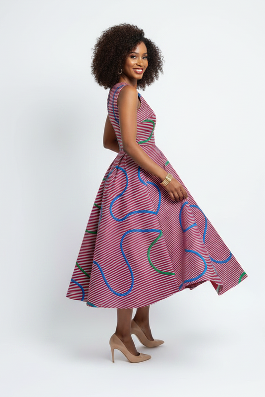 Mixed race model in fit and flare Ankara dress, three-quarter turn pose