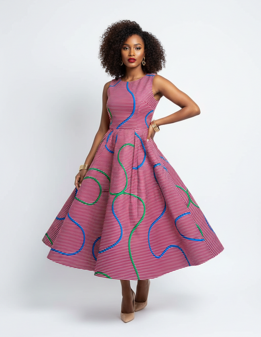 Mixed race model in fit and flare Ankara stripe wave dress