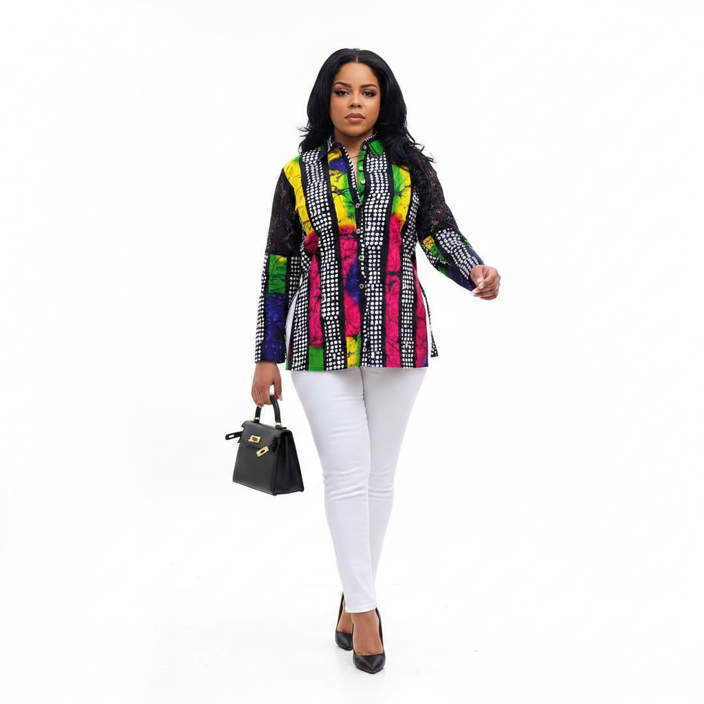 Multicolour Ankara Shirt – Model on White Background