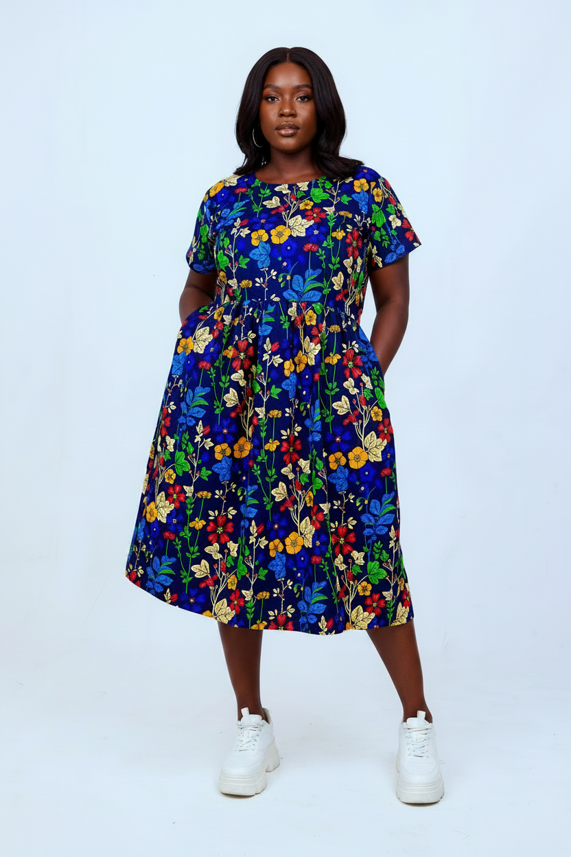 Multicolour Floral Ankara Dress – White Platform Trainers