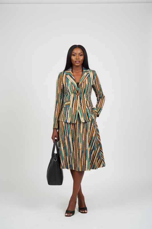 Multicolour Stripe Ankara Blazer & Knee-Length Skirt Set