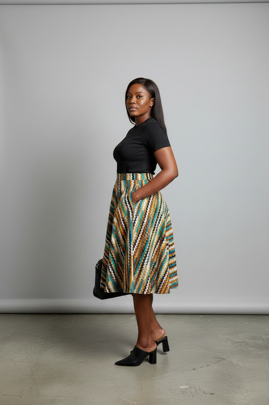 Multicolour Stripe Ankara Flare Skirt - Side Pose