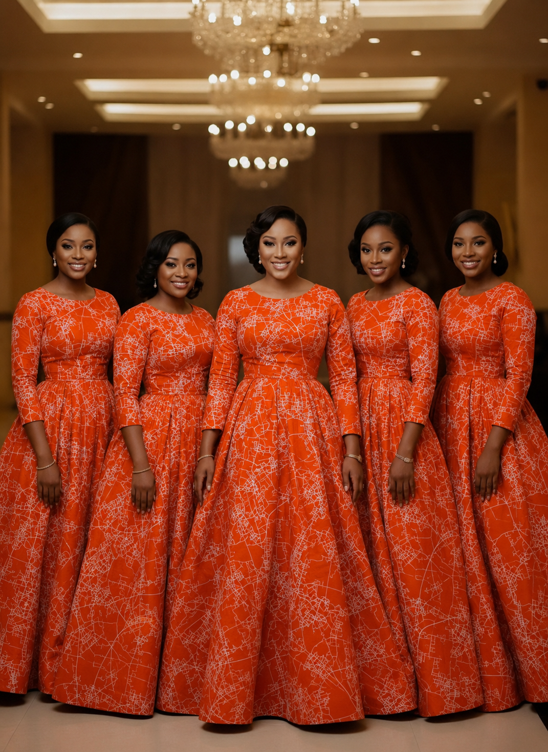 Five bridesmaids wearing matching orange abstract map print African wax cotton ball gowns at a formal event