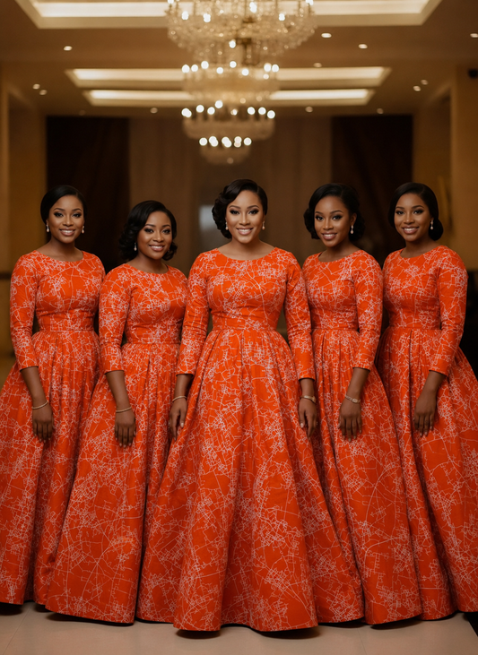 Five bridesmaids wearing matching orange abstract map print African wax cotton ball gowns at a formal event