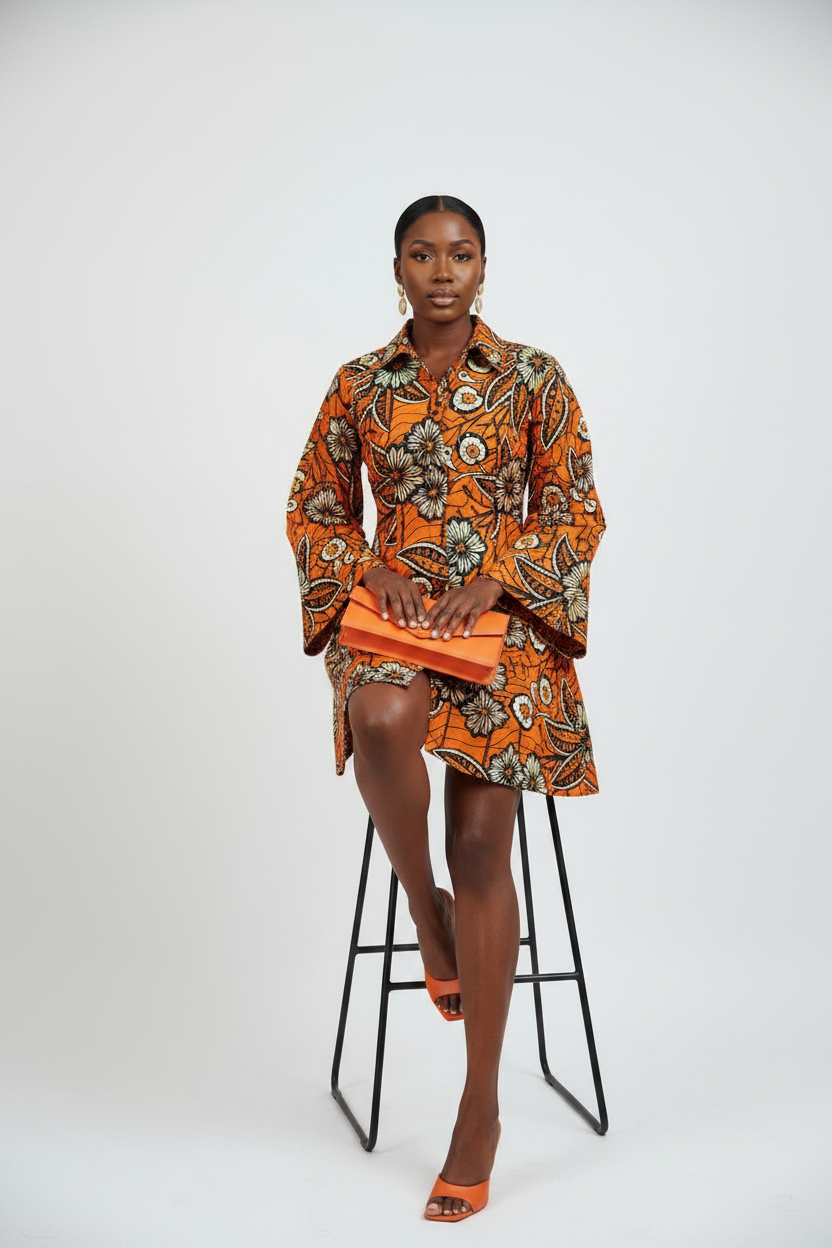 Orange Ankara Dress - Seated Pose