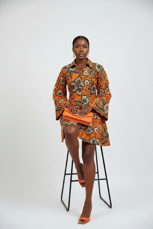 Orange Ankara Dress - Seated Pose