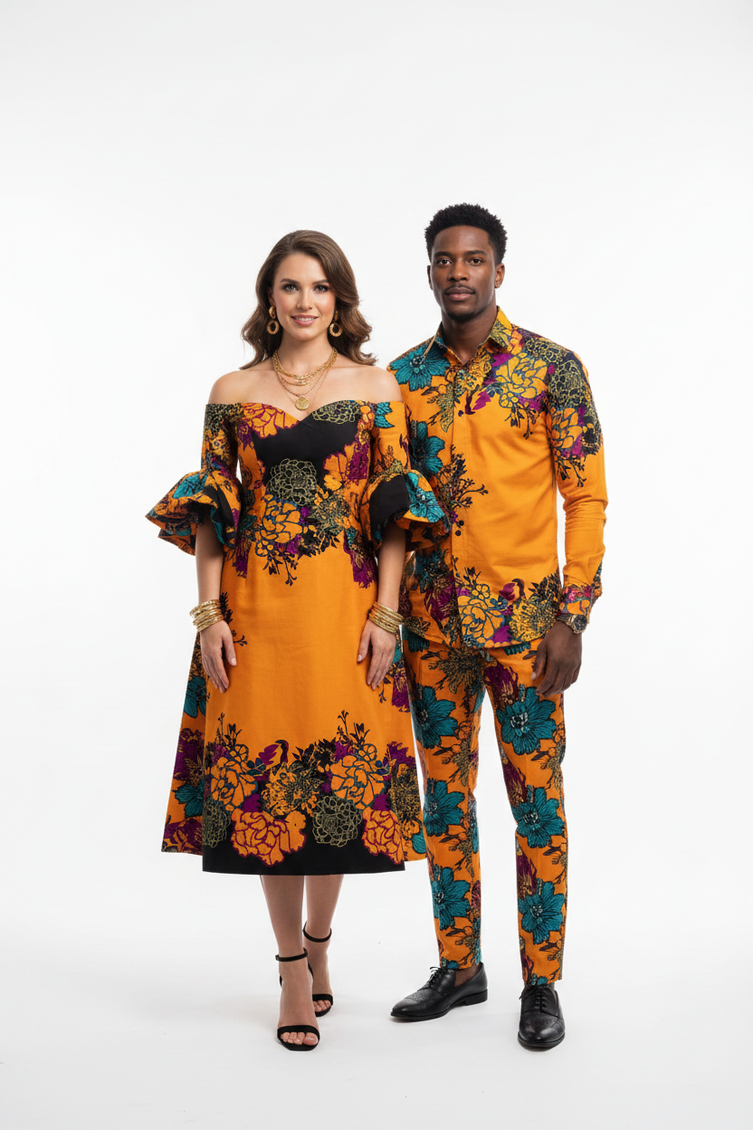 Orange & Black Floral Ankara Couple's Outfit