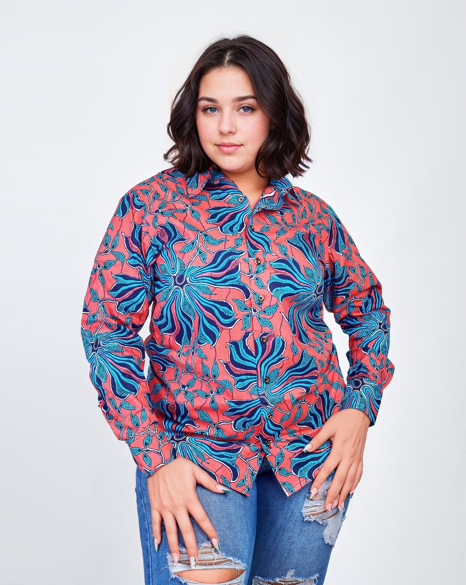 Pink & Blue Ladies African Print Shirt - House of Prints