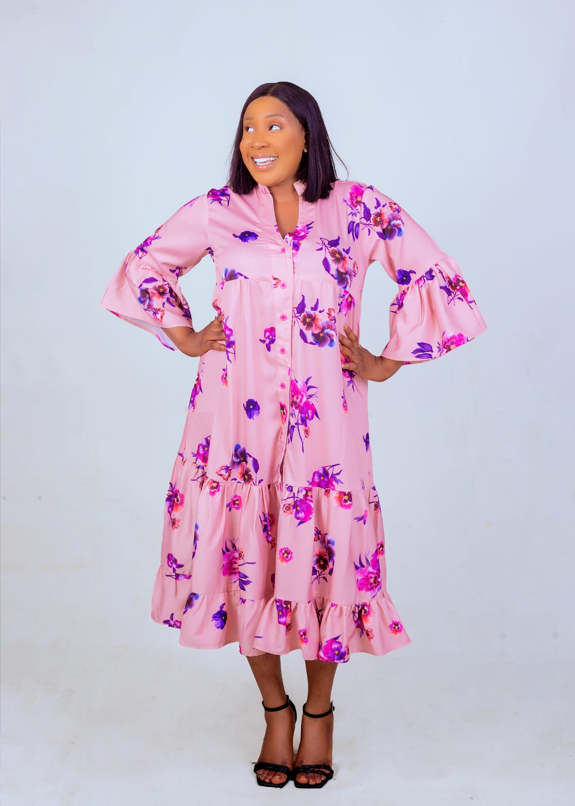 Pink Floral Satin Dress - House of Prints