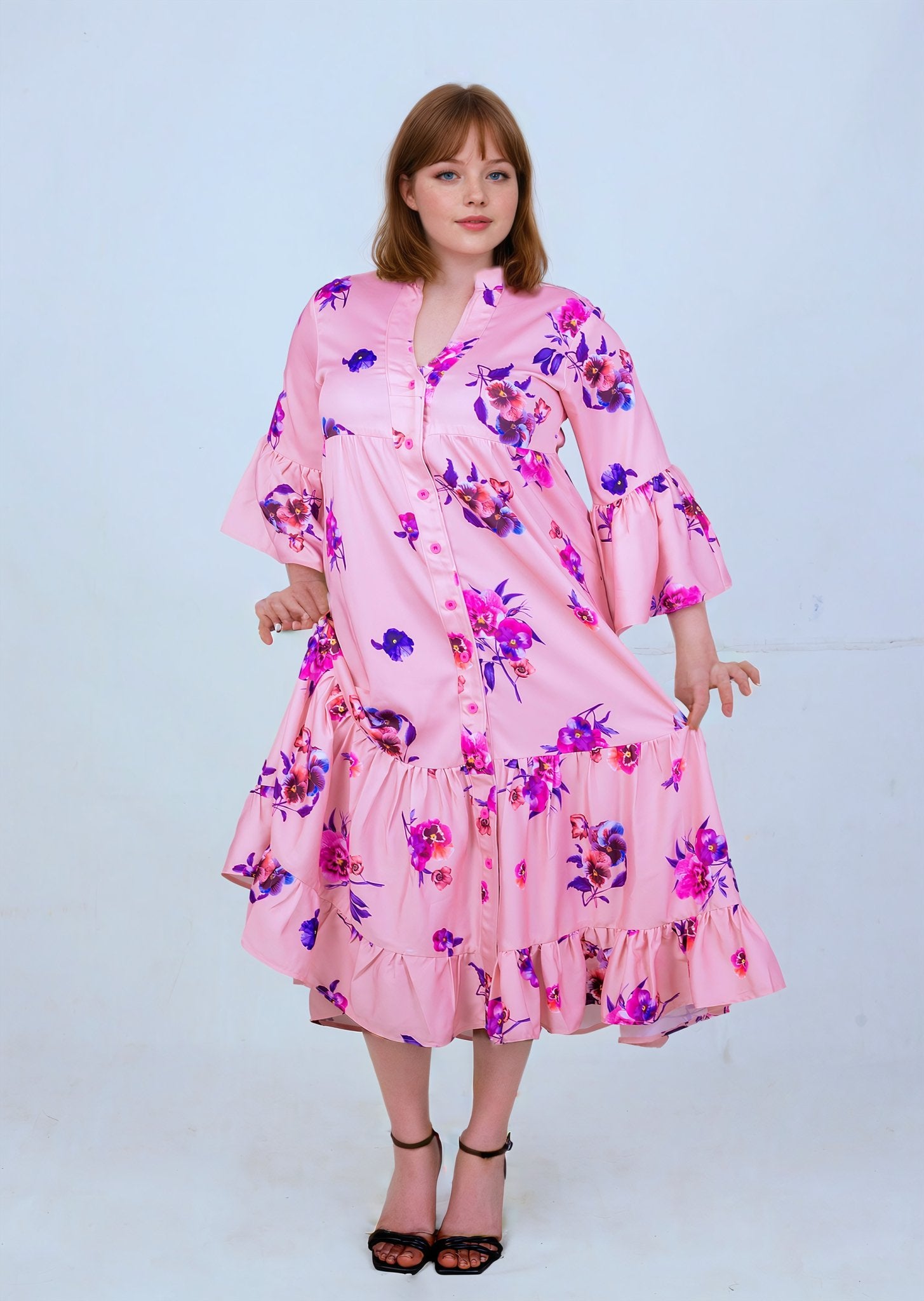 Pink Floral Satin Dress - House of Prints