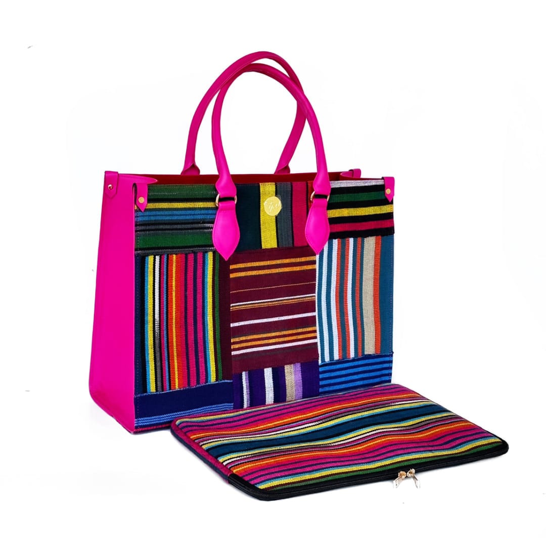Pink Leather & Multi Colour Aso-Oke Handbag. ( Limited Edition) - House of Prints