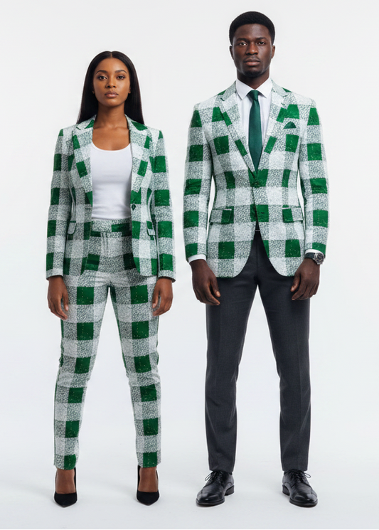 Power couple in green and white Ankara check blazers, corporate editorial look