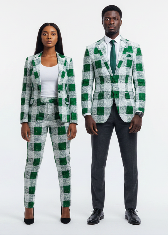 Power couple in green and white Ankara check blazers, corporate editorial look