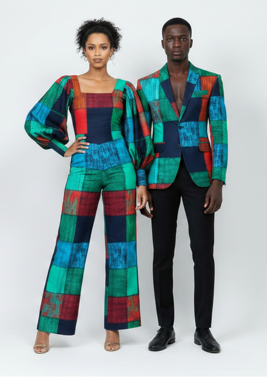 Power couple in matching red/green/navy Ankara patchwork outfits