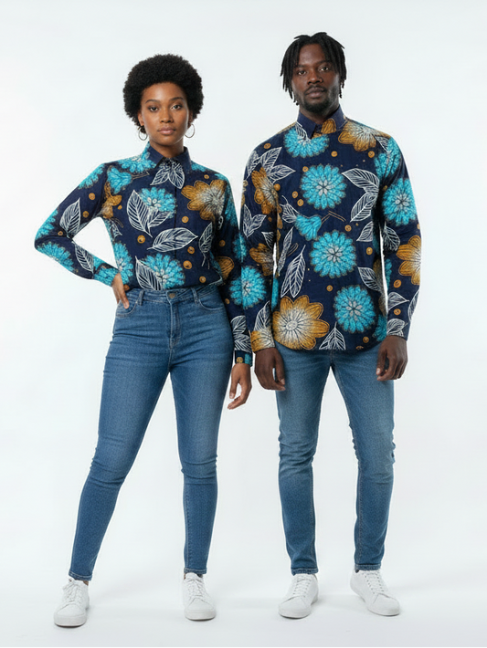 Power couple in tailored Ankara shirts with matching fabric collars, blue jeans and white trainers