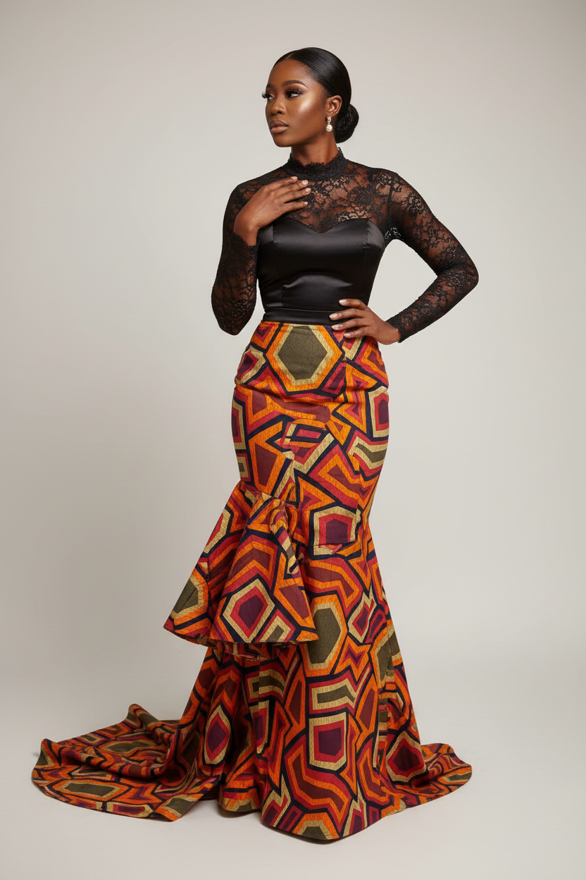 Professional fashion photography with Black model in geometric hexagon Ankara ensemble