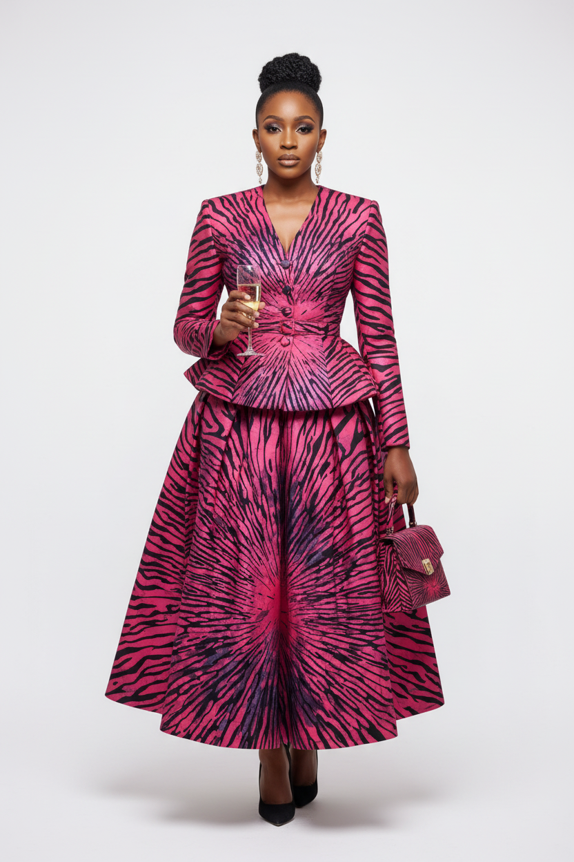 Professional fashion photography with Black model in pink zebra stripe Ankara ensemble