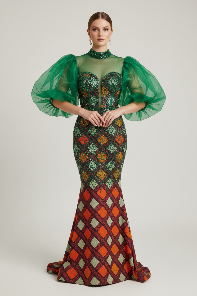 Professional fashion photography with white model in embellished diamond-patterned Ankara gown