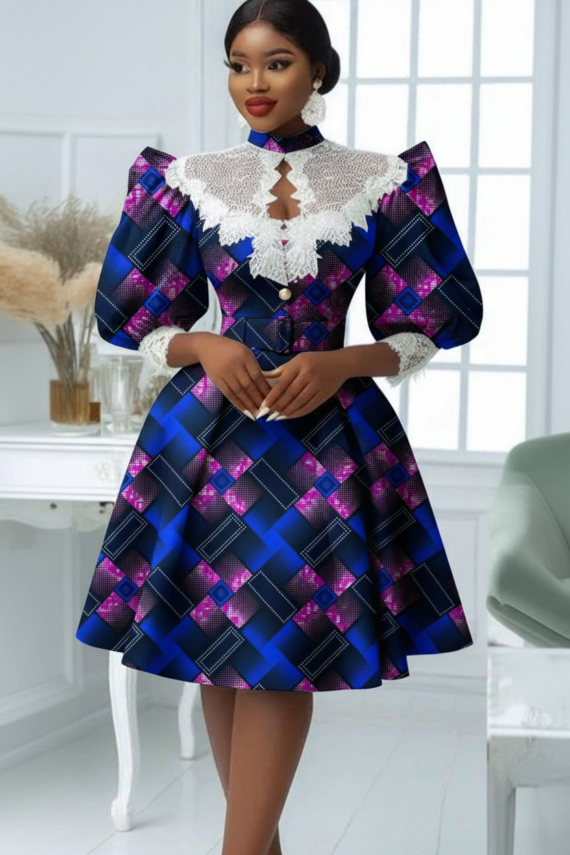 Professional fashion photography with white model in geometric blue and pink Ankara dress