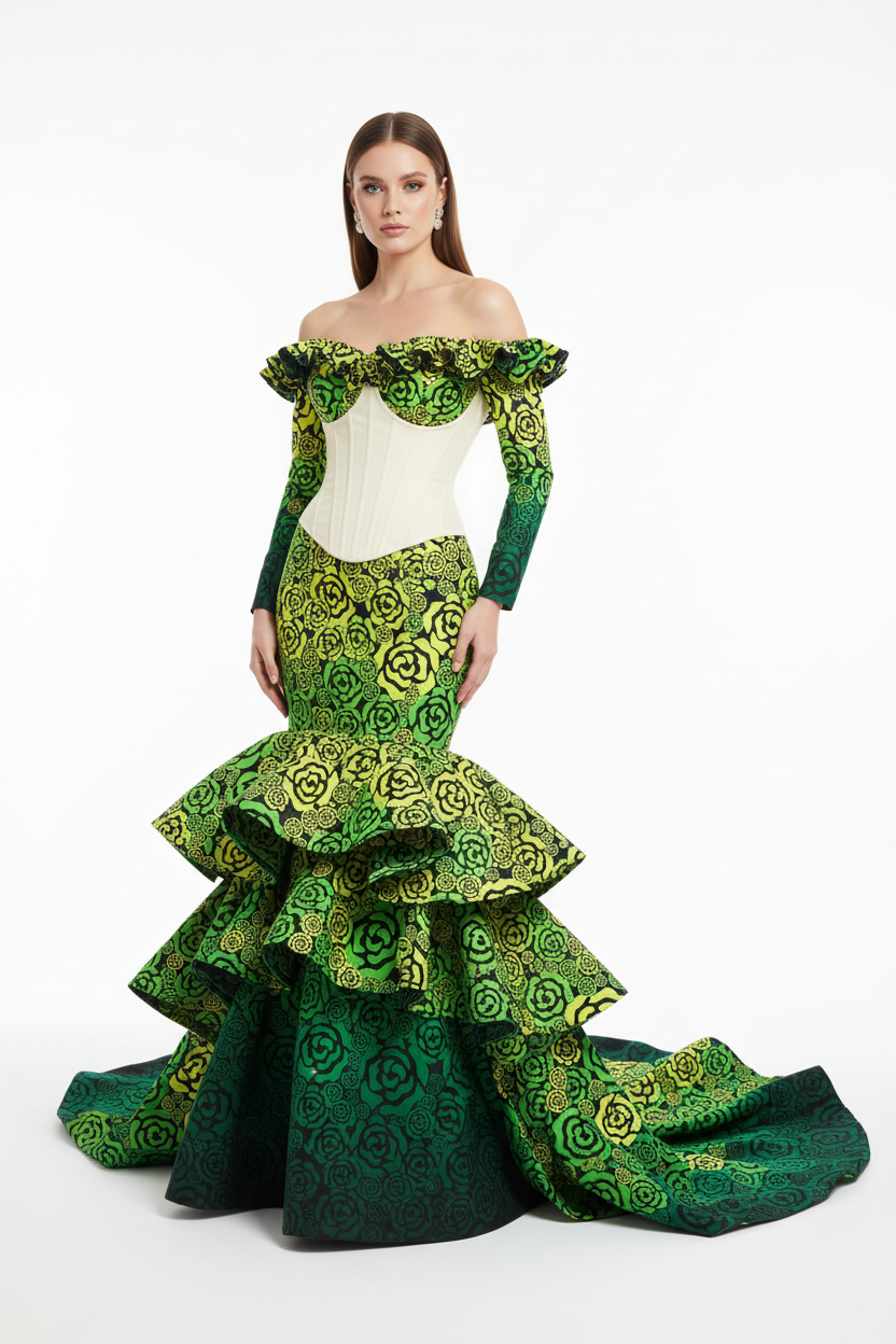 Professional fashion photography with white model in green rose-patterned Ankara gown