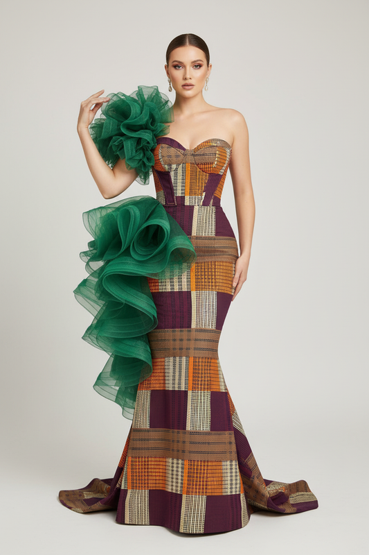 Professional fashion photography with white model in Kente-patterned Ankara corset gown